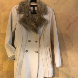 NY & Co Medium Microfiber Ivory White Cream Pea Coat Brown Fur Collar